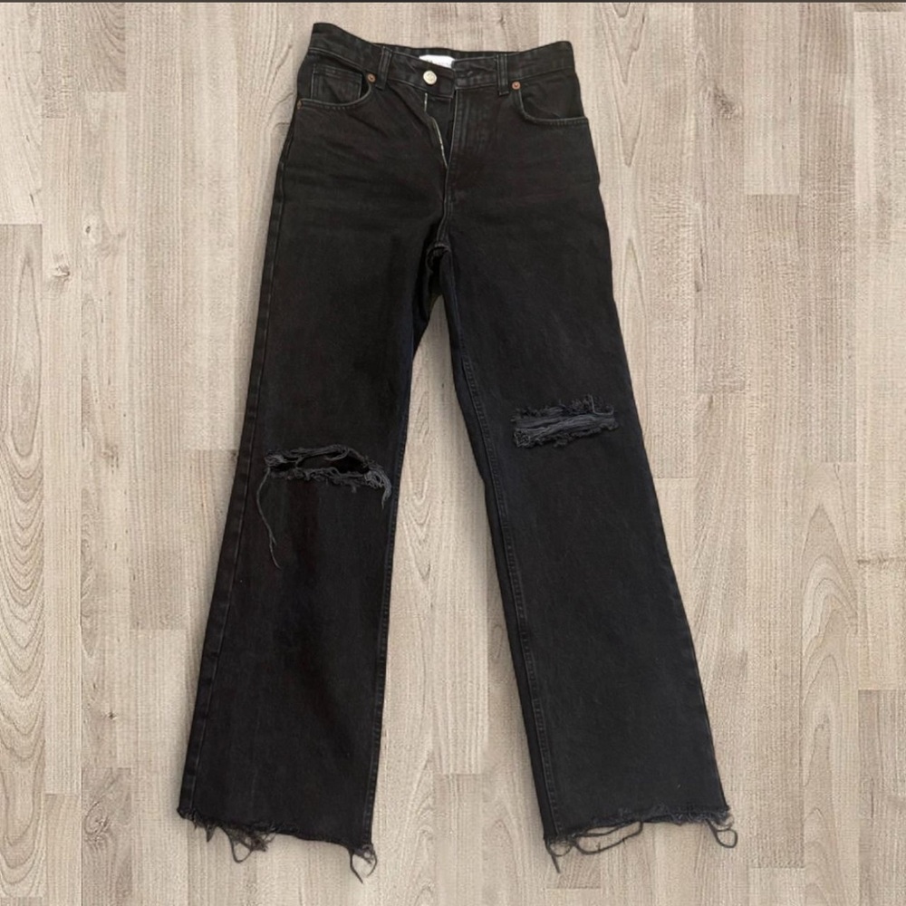 Zara Black TRF Mid-Rise Distressed Straight Leg Jeans